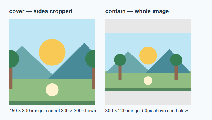 A landscape background shown with cover, which crops the sides, and contain, which leaves space above and below the image.