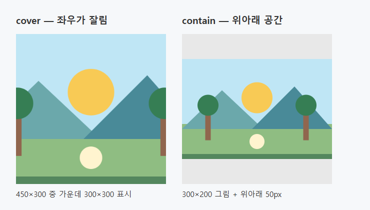 같은 가로형 그림을 정사각형 배경에 넣은 비교. cover는 좌우가 잘리고 contain은 위아래에 회색 공간이 남습니다.