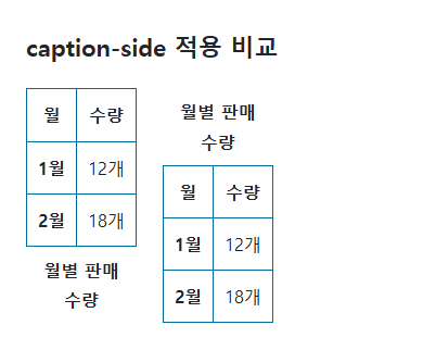caption-side의 지정값과 비교값을 같은 예제에서 보여 주는 브라우저 화면