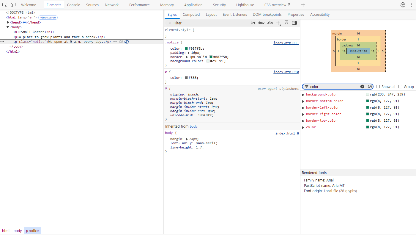 Developer tools with the notice paragraph selected, showing CSS declarations in Styles and resolved properties in Computed.