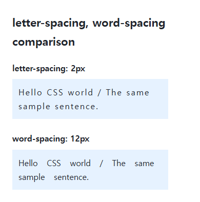 letter-spacing, word-spacing browser comparison showing the specified and reference values in the same example