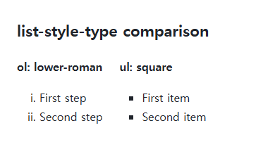list-style-type browser comparison showing the specified and reference values in the same example