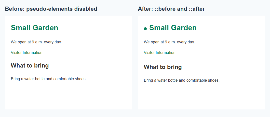 The Small Garden page before and after adding a green dot before the title and a decorative line below the visit link with pseudo-elements.