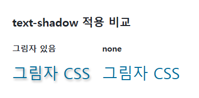 text-shadow의 지정값과 비교값을 같은 예제에서 보여 주는 브라우저 화면