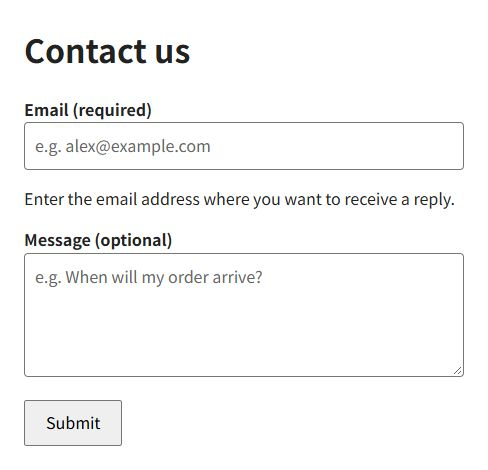 Contact form showing example text inside required email and optional message fields, with an email instruction outside the field
