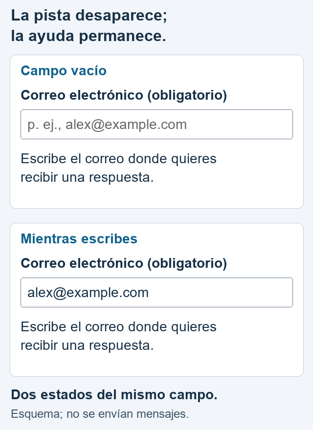 Dos estados de un formulario: al escribir el correo desaparece la pista, mientras la etiqueta y la explicación siguen visibles