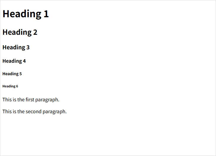 Browser showing Heading 1 through Heading 6 followed by two English paragraphs