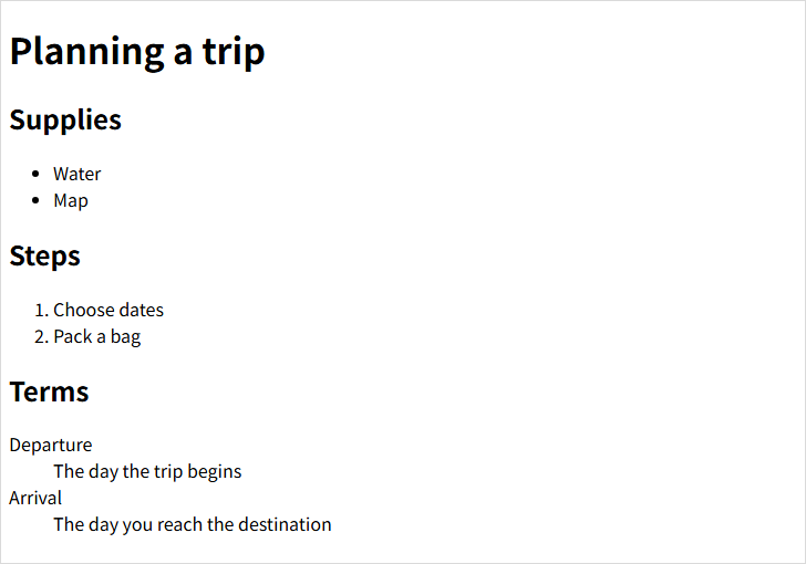 Browser rendering of an unordered supplies list, numbered steps, and a description list of trip terms