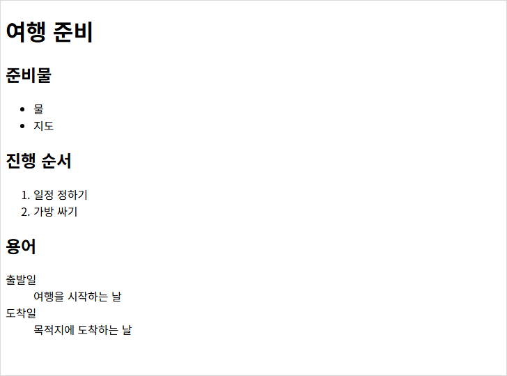 준비물 글머리표 목록, 진행 순서 번호 목록, 용어 설명 목록을 브라우저에 표시한 결과