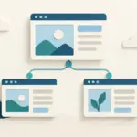 Trois pages web reliées entre elles par des flèches dans une illustration