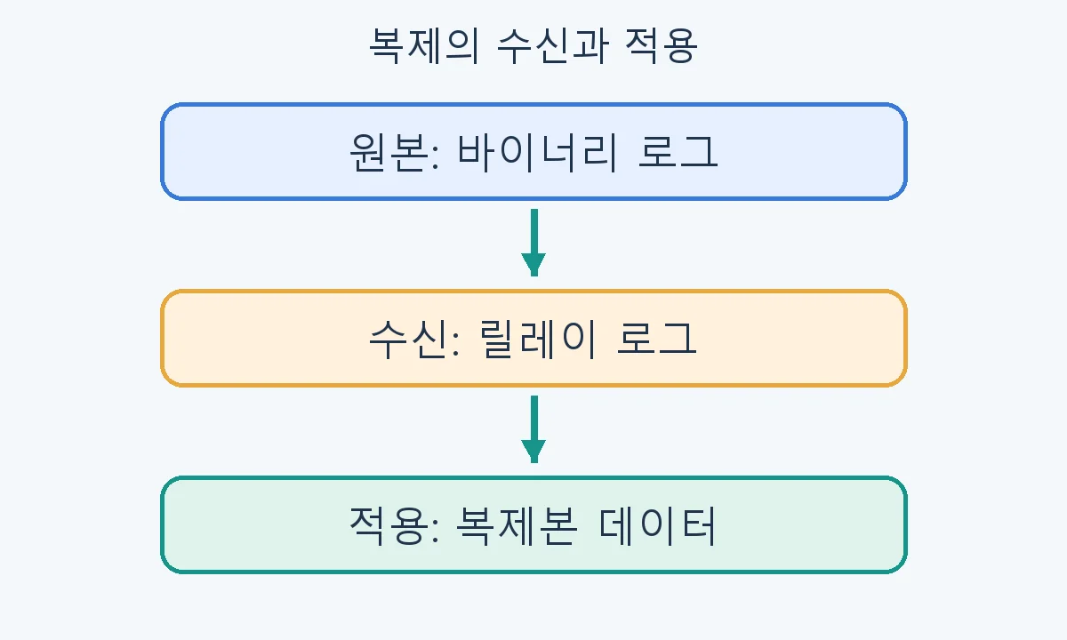 원본의 바이너리 로그를 수신해 릴레이 로그에 보관한 뒤 복제본 데이터에 적용하는 순서