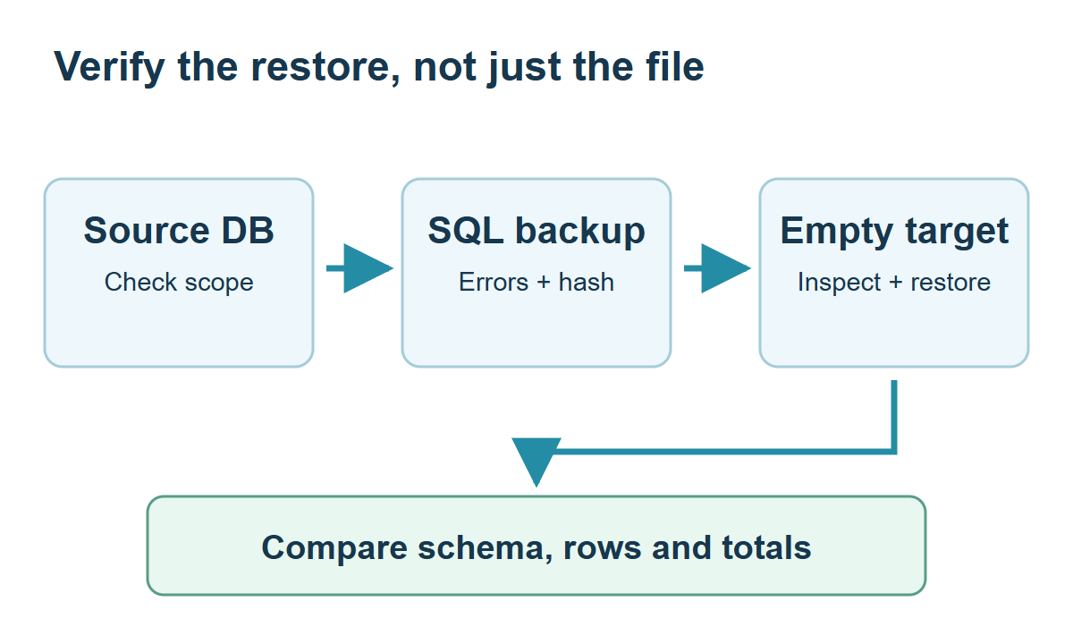 Back up a source database to SQL, restore into a separate empty database, then compare schema, rows and business totals