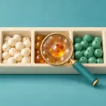 여러 칸으로 나뉜 목록에서 같은 색의 한 항목을 돋보기로 찾는 입체 그림