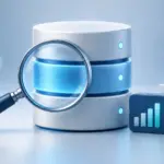 돋보기로 데이터베이스 서버의 한 계층을 점검하는 3D 일러스트