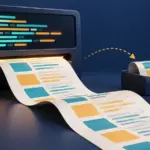 콘솔의 추상적인 데이터가 출력 리본과 파일 트레이로 전달되는 일러스트
