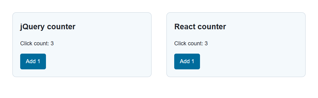 jQuery and React counters each showing a click count of 3 after three presses of the Add 1 button