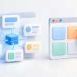 중앙 데이터 블록과 연결된 화면 구성 요소, 커서로 개별 요소를 선택하는 화면을 나란히 표현한 일러스트